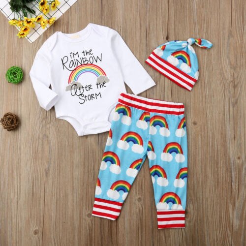 Newborn Baby Boy Girl Tops Romper Jumpsuit Pants Rainbow Outfit 2Pcs Clothes - ebowsos