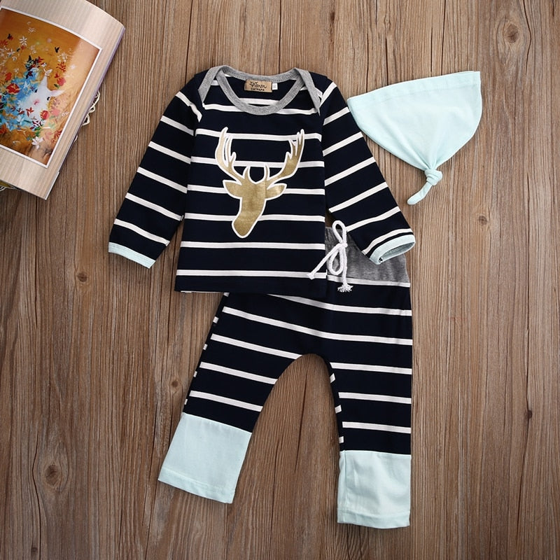 Newborn Baby Boy Girl Winter Set Clothes Long Sleeve Striped Deer Tops +Long Pants Hat Outfits - ebowsos