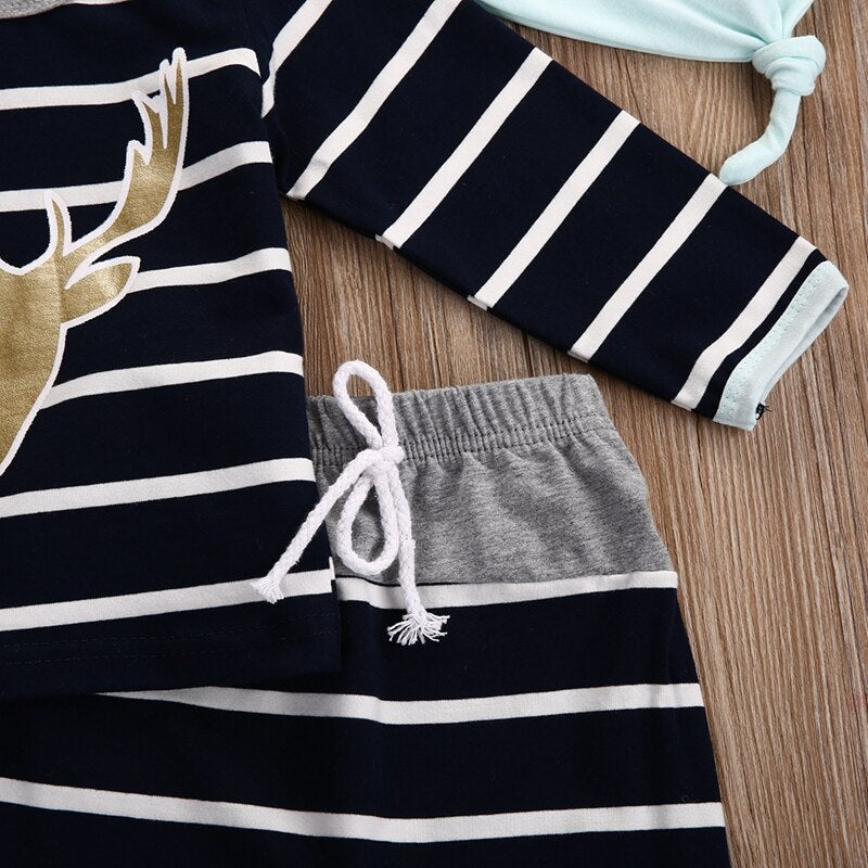 Newborn Baby Boy Girl Winter Set Clothes Long Sleeve Striped Deer Tops +Long Pants Hat Outfits - ebowsos