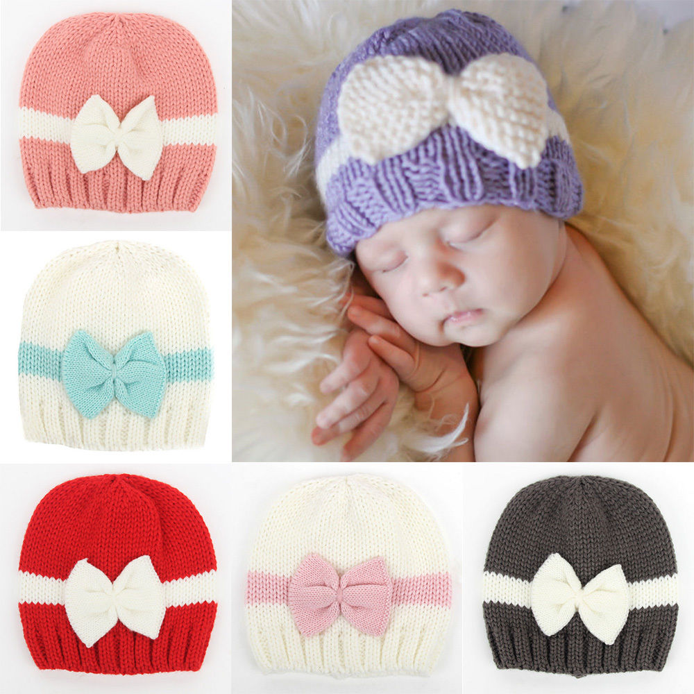 Newborn Baby Boy Girl Winter Warm Hat Cap Bowknot Knitted Crochet Beanie Shooting props - ebowsos