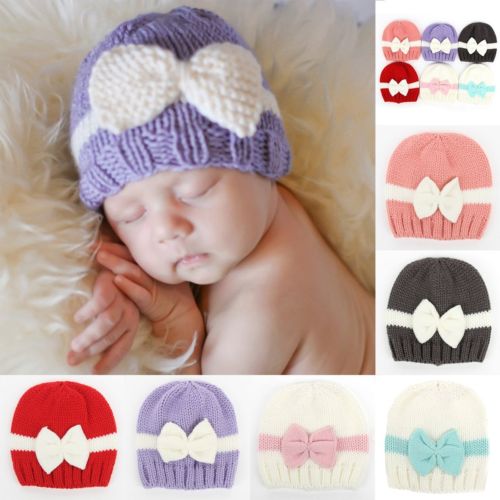 Newborn Baby Boy Girl Winter Warm Hat Cap Bowknot Knitted Crochet Beanie Shooting props - ebowsos