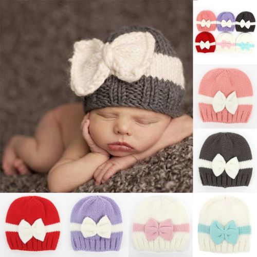 Newborn Baby Boy Girl Winter Warm Hat Cap Bowknot Knitted Crochet Beanie Shooting props - ebowsos