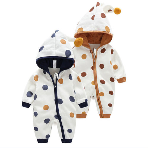 Newborn Baby Boy Girl Zipper Hooded Romper Autumn Warm Jumpsuit Clothes Outfits - ebowsos