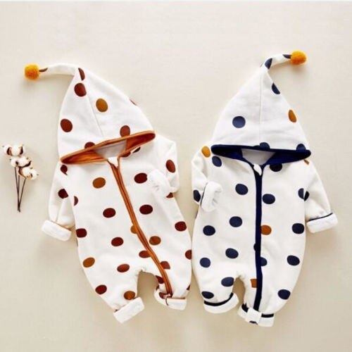 Newborn Baby Boy Girl Zipper Hooded Romper Autumn Warm Jumpsuit Clothes Outfits - ebowsos