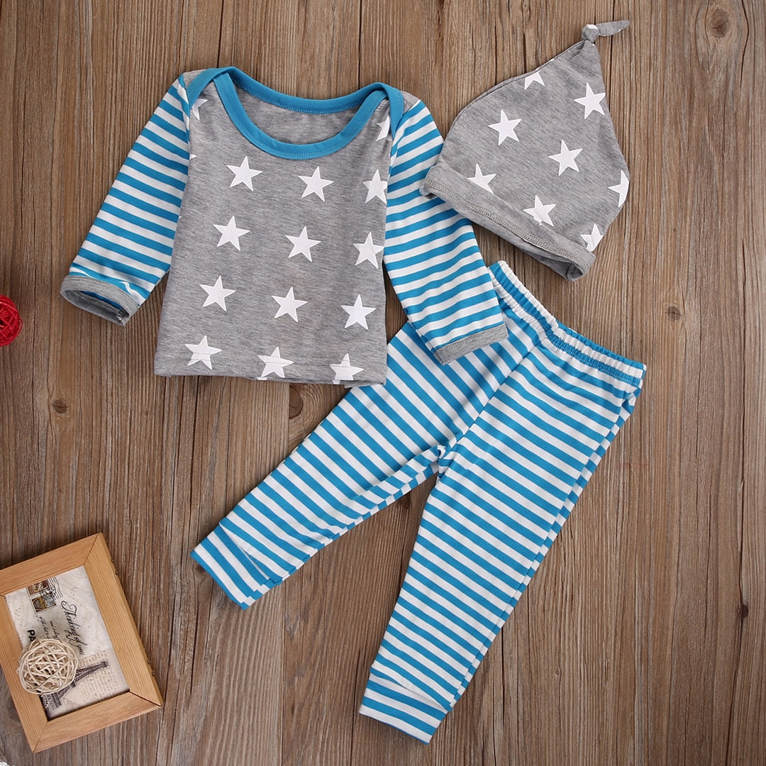 Newborn Baby Boy Infant Girl Cotton Clothes Tops Pants Hat Pajamas Sleepwear Set - ebowsos