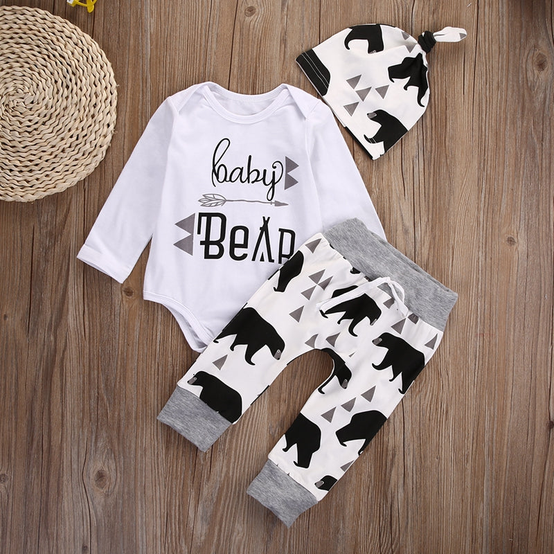 Newborn Baby Boys Long Sleeve Cartoon Tops Romper Pants Leggings Hat Winter Outfits Clothes Set 0-18M 3PCS - ebowsos