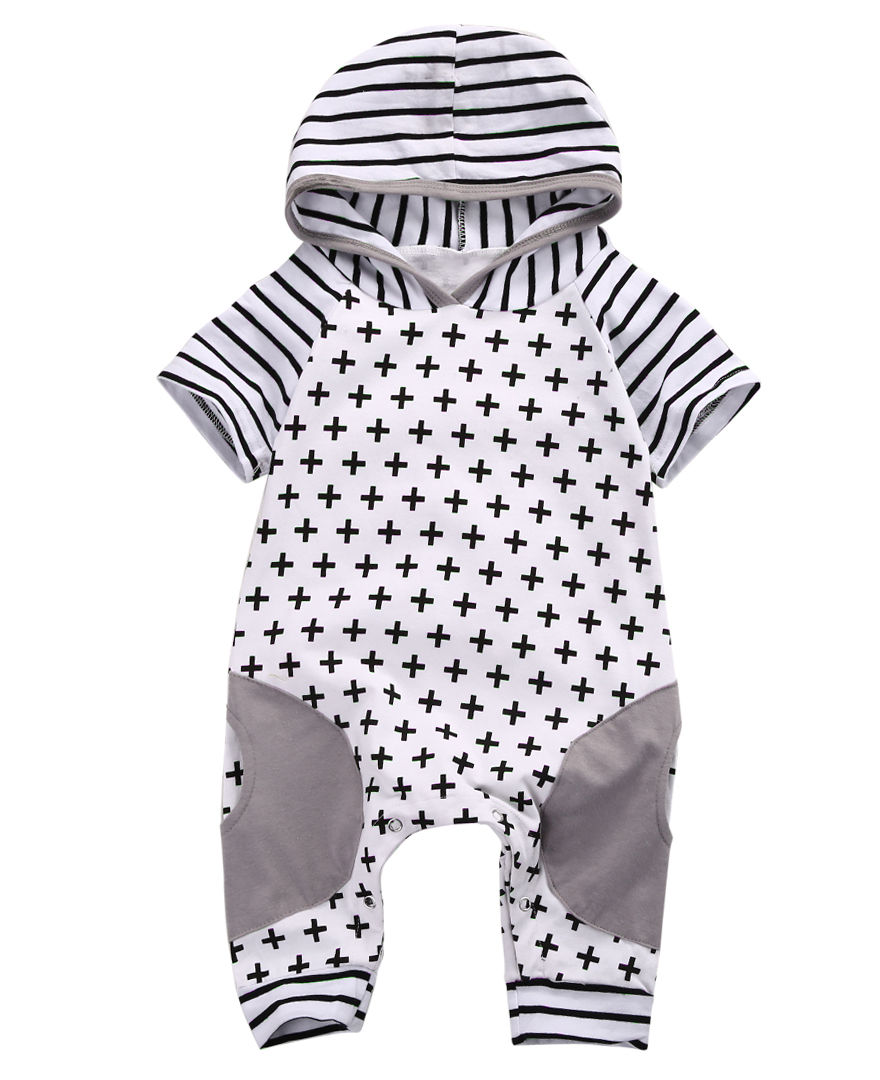 Newborn Baby Boys Xmas Cotton Short Sleeve Hooded Romper Geometric Striped Jumpsuit Outfits Suit Clothes - ebowsos