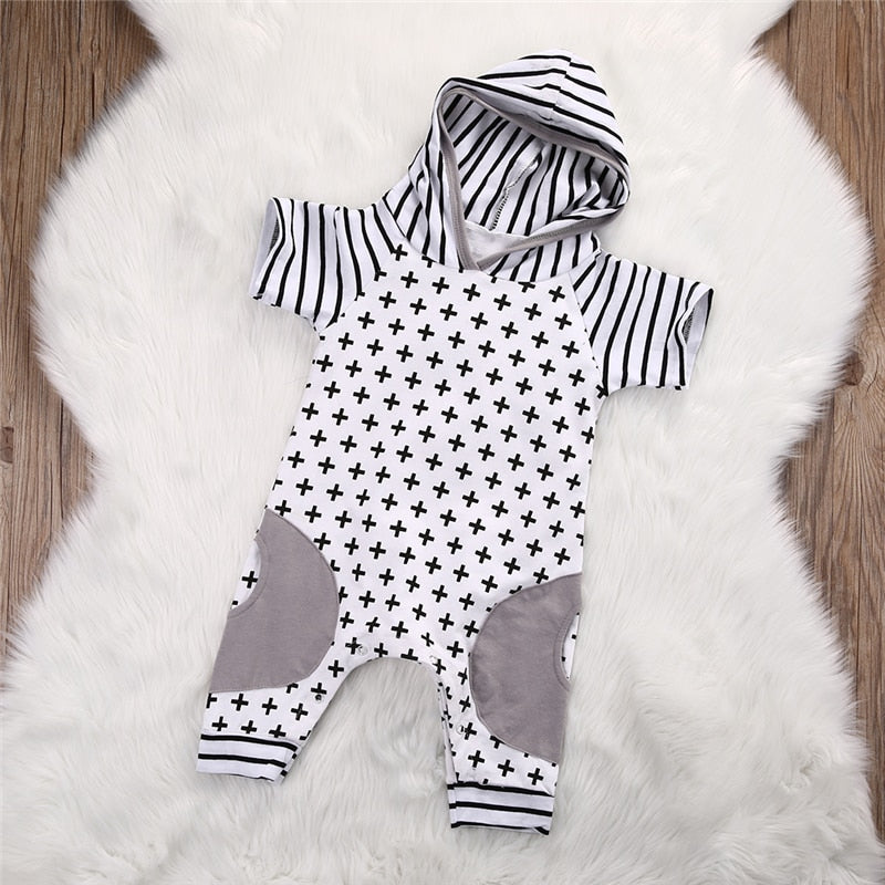 Newborn Baby Boys Xmas Cotton Short Sleeve Hooded Romper Geometric Striped Jumpsuit Outfits Suit Clothes - ebowsos