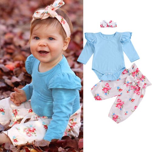 Newborn Baby Girl 3PCS Suit Clothes Cotton Romper Jumpsuit+Pants Leggings Outfits Set Autumn Baby Clothing 0-24M - ebowsos