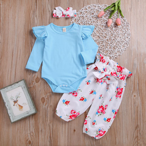 Newborn Baby Girl 3PCS Suit Clothes Cotton Romper Jumpsuit+Pants Leggings Outfits Set Autumn Baby Clothing 0-24M - ebowsos