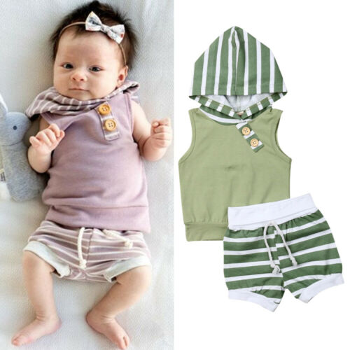 Newborn Baby Girl Boy Clothes Hooded Stripe Sleeveless Tops Short Pants Summer Outfits 2Pcs Set - ebowsos