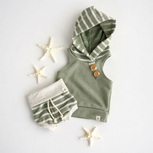 Newborn Baby Girl Boy Clothes Hooded Stripe Sleeveless Tops Short Pants Summer Outfits 2Pcs Set - ebowsos