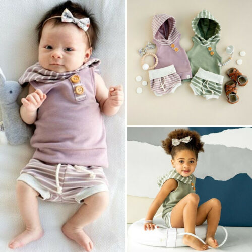 Newborn Baby Girl Boy Clothes Hooded Stripe Sleeveless Tops Short Pants Summer Outfits 2Pcs Set - ebowsos