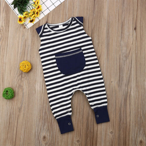 Newborn Baby Girl Boy Vest Stripe Romper Jumpsuit Clothes Outfit - ebowsos