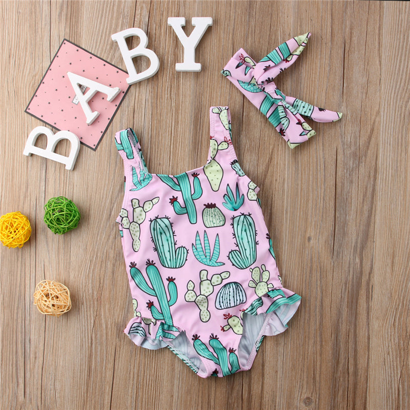 Newborn Baby Girl Cactus Printed Swimsuit+Headband Summer Baby Girl Sleeveless Bikini One-piece Swimwear Beach Bathing Suit - ebowsos