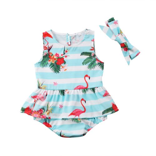 Newborn Baby Girl Clothes Flamingo flower print round neck Ruffle sleeveless striped Bodysuit Bow Headband 2pc - ebowsos