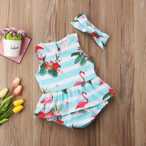 Newborn Baby Girl Clothes Flamingo flower print round neck Ruffle sleeveless striped Bodysuit Bow Headband 2pc - ebowsos