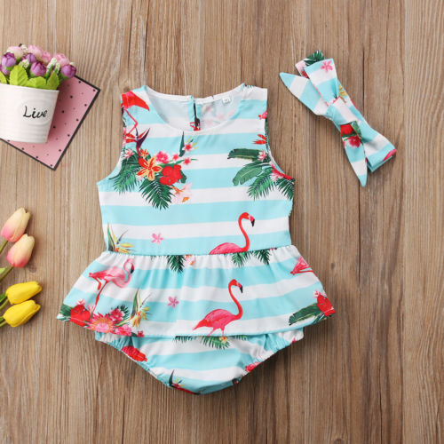 Newborn Baby Girl Clothes Flamingo flower print round neck Ruffle sleeveless striped Bodysuit Bow Headband 2pc - ebowsos