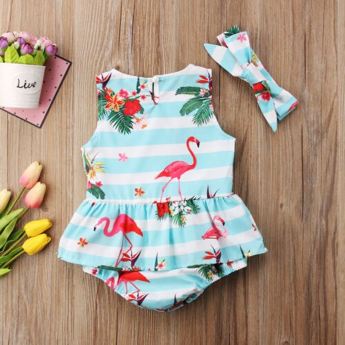 Newborn Baby Girl Clothes Flamingo flower print round neck Ruffle sleeveless striped Bodysuit Bow Headband 2pc - ebowsos