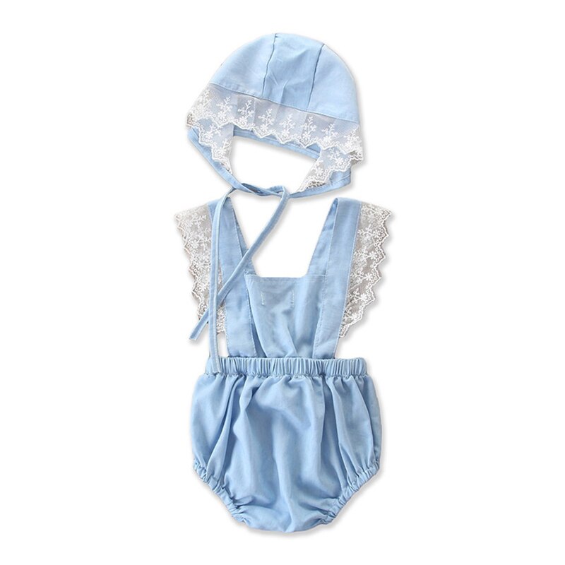 Newborn Baby Girl Clothes Lace Denim Romper Jumpsuit 2PCS OutfitS Sunsuit - ebowsos