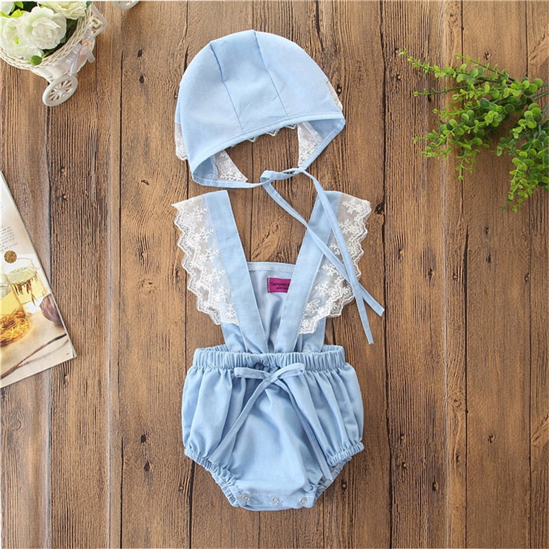 Newborn Baby Girl Clothes Lace Denim Romper Jumpsuit 2PCS OutfitS Sunsuit - ebowsos