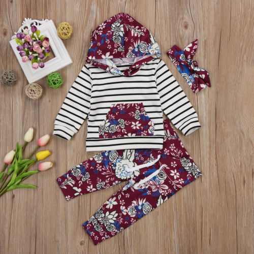 Newborn Baby Girl Clothes Sets Striped Floral Hooded Cotton Tops+Long Pants 3pcs Clothes Outfits Set - ebowsos