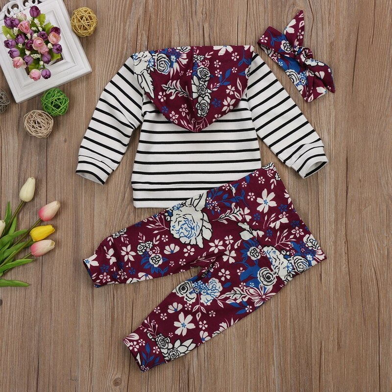 Newborn Baby Girl Clothes Sets Striped Floral Hooded Cotton Tops+Long Pants 3pcs Clothes Outfits Set - ebowsos