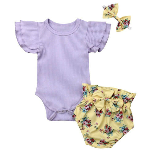 Newborn Baby Girl Clothes Short Sleeve Romper Floral Shorts 3PCS High quality knitting  Outfit With Bow - ebowsos