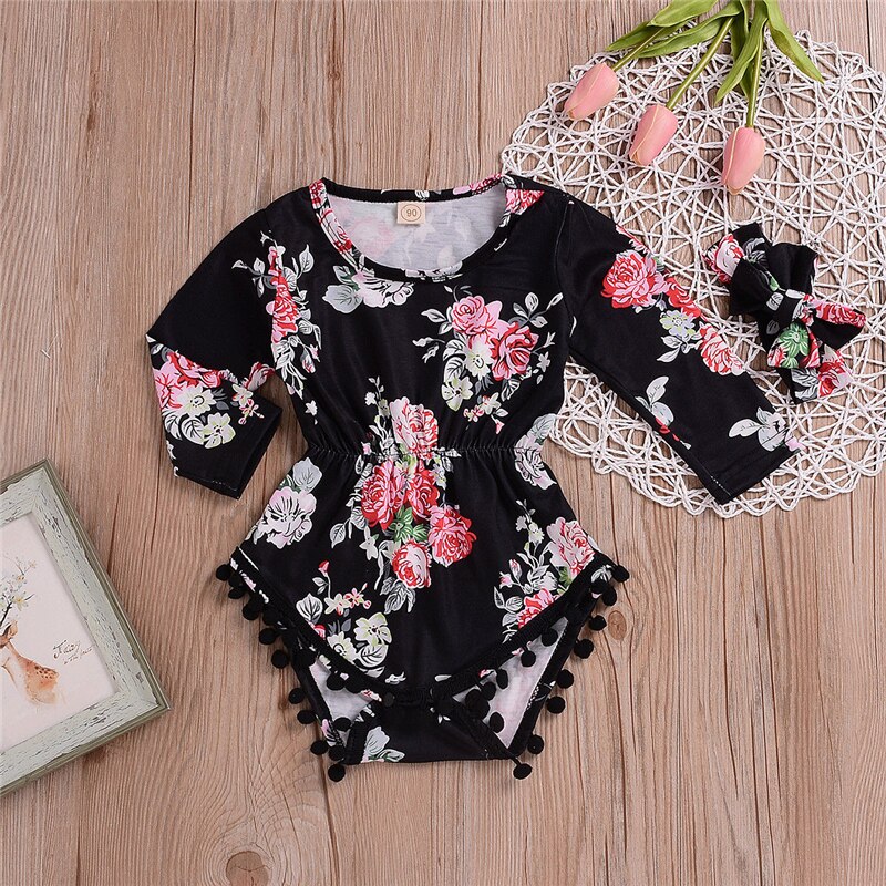 Newborn Baby Girl Cotton Romper Jumpsuit+Headband 2Pcs Clothes - ebowsos