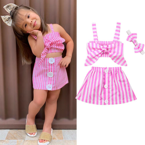 Newborn Baby Girl Cute Pink Clothes 2PCS Cotton Sleeveless Stripe Tops+Tutu Skirt Summer Outfits - ebowsos