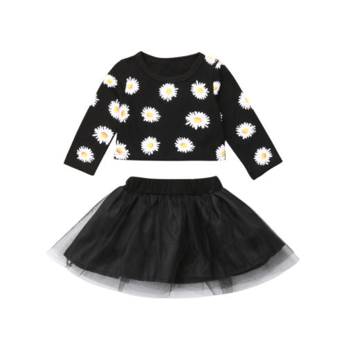 Newborn Baby Girl Floral Cotton Long Sleeve Tops Tulle Tutu Mini Skirt Outfits 2Pcs Clothes - ebowsos