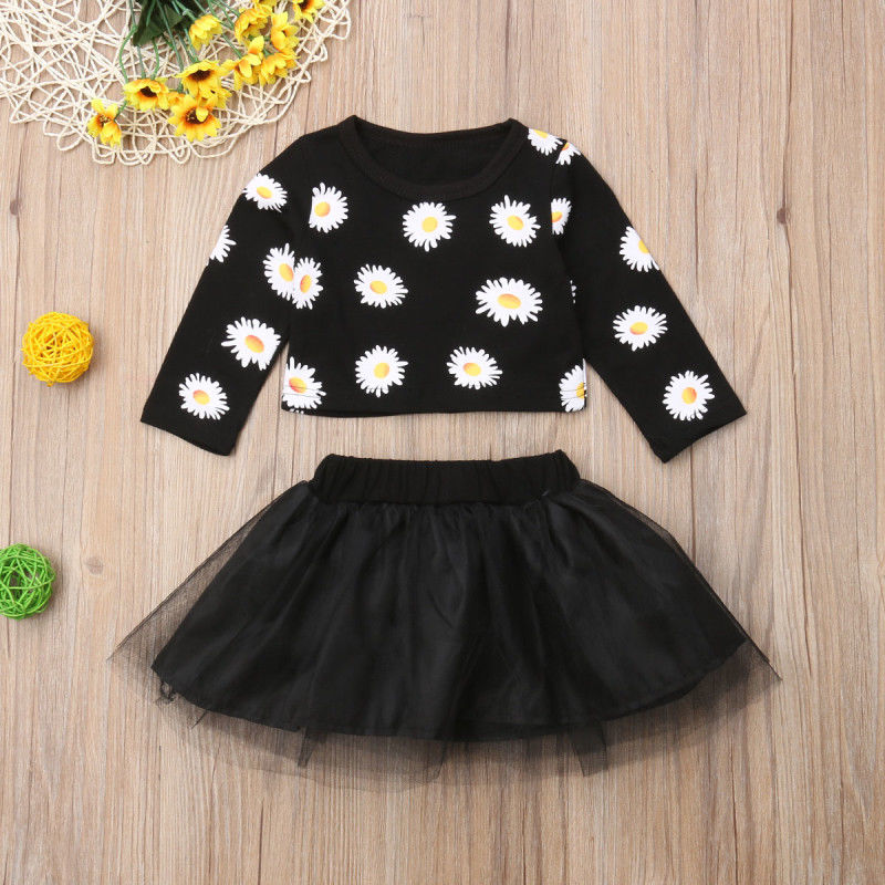 Newborn Baby Girl Floral Cotton Long Sleeve Tops Tulle Tutu Mini Skirt Outfits 2Pcs Clothes - ebowsos