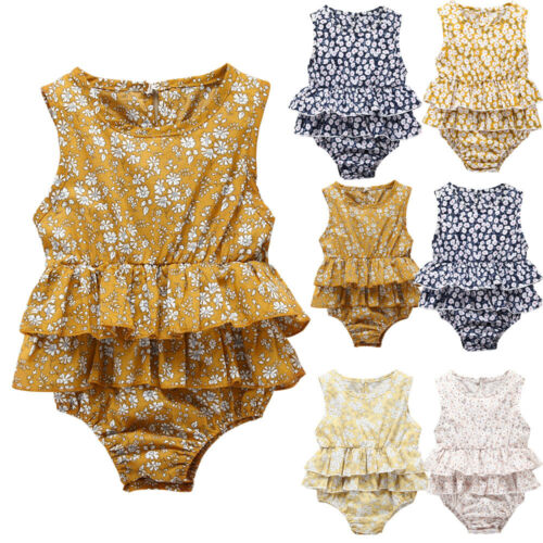 Newborn Baby Girl Floral Playsuit Jumpsuit Romper Ruffled Sleeveless Outfit Clothes 0-24M - ebowsos