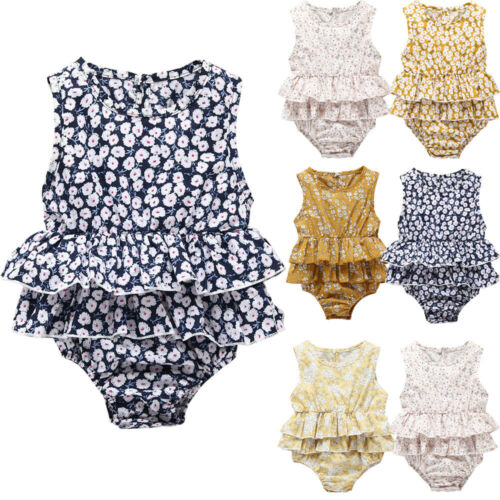 Newborn Baby Girl Floral Playsuit Jumpsuit Romper Ruffled Sleeveless Outfit Clothes 0-24M - ebowsos