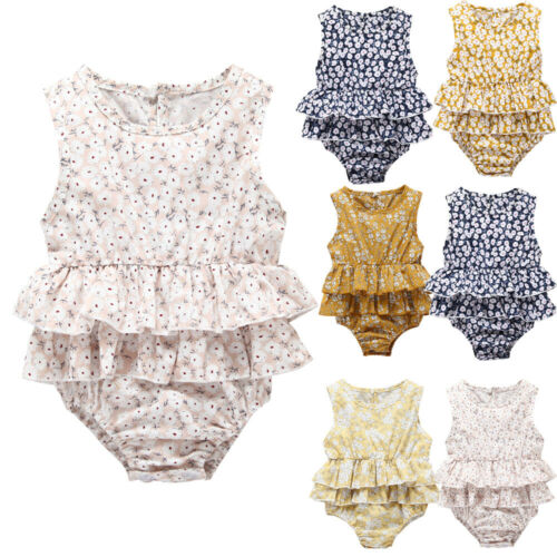 Newborn Baby Girl Floral Playsuit Jumpsuit Romper Ruffled Sleeveless Outfit Clothes 0-24M - ebowsos