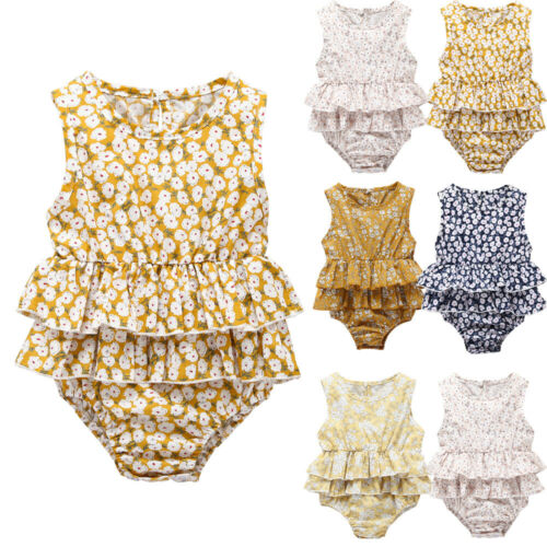 Newborn Baby Girl Floral Playsuit Jumpsuit Romper Ruffled Sleeveless Outfit Clothes 0-24M - ebowsos