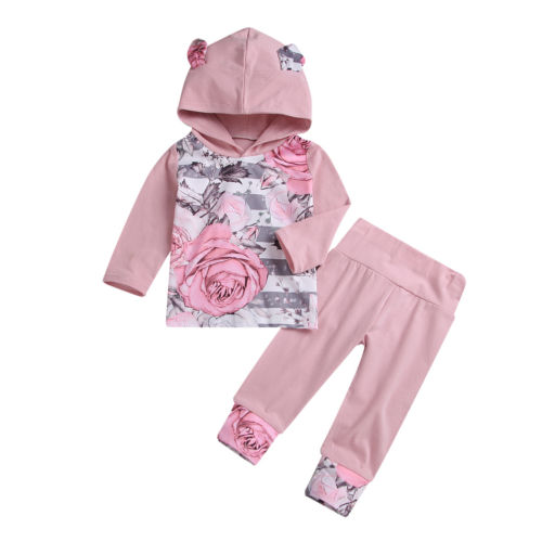 Newborn Baby Girl Floral Printed Cotton Hoodies Tops+Pants Leggings 2Pcs Outfits Clothing 0-24M - ebowsos