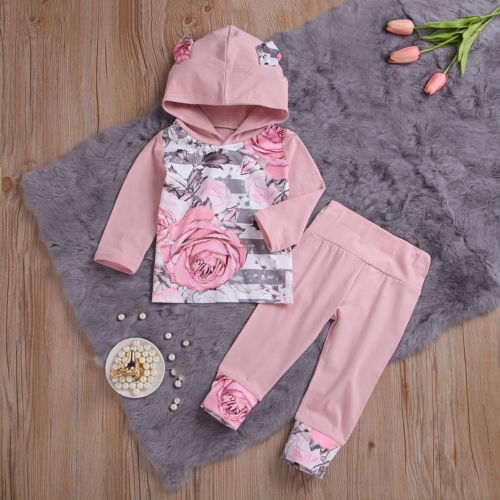 Newborn Baby Girl Floral Printed Cotton Hoodies Tops+Pants Leggings 2Pcs Outfits Clothing 0-24M - ebowsos