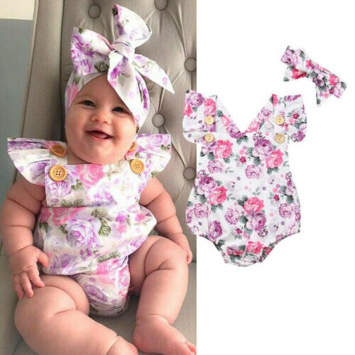 Newborn Baby Girl Floral Summer Sleeveless Romper Jumpsuit+Headband Outfits Summer Sunsuit Clothes Set - ebowsos