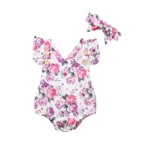 Newborn Baby Girl Floral Summer Sleeveless Romper Jumpsuit+Headband Outfits Summer Sunsuit Clothes Set - ebowsos