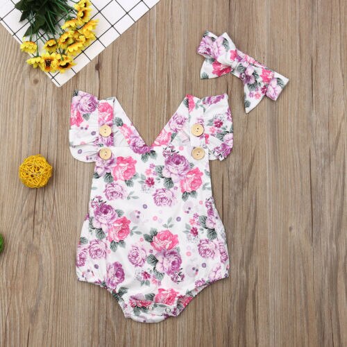 Newborn Baby Girl Floral Summer Sleeveless Romper Jumpsuit+Headband Outfits Summer Sunsuit Clothes Set - ebowsos