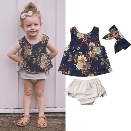 Newborn Baby Girl Irregular Vest Tops+PP Shorts Pants Floral +hendband 3Pcs Outfits - ebowsos