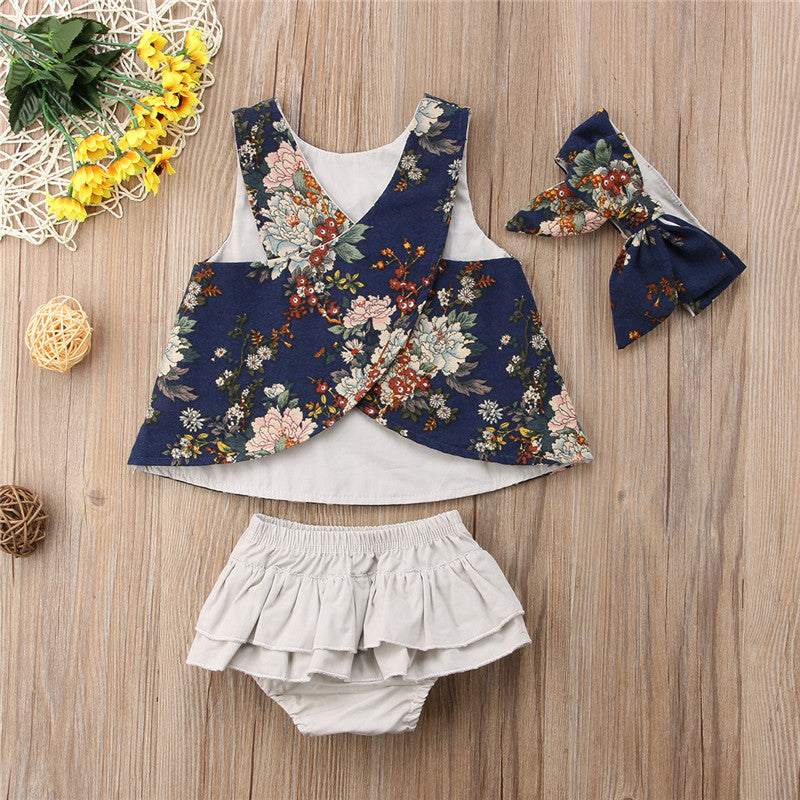 Newborn Baby Girl Irregular Vest Tops+PP Shorts Pants Floral +hendband 3Pcs Outfits - ebowsos