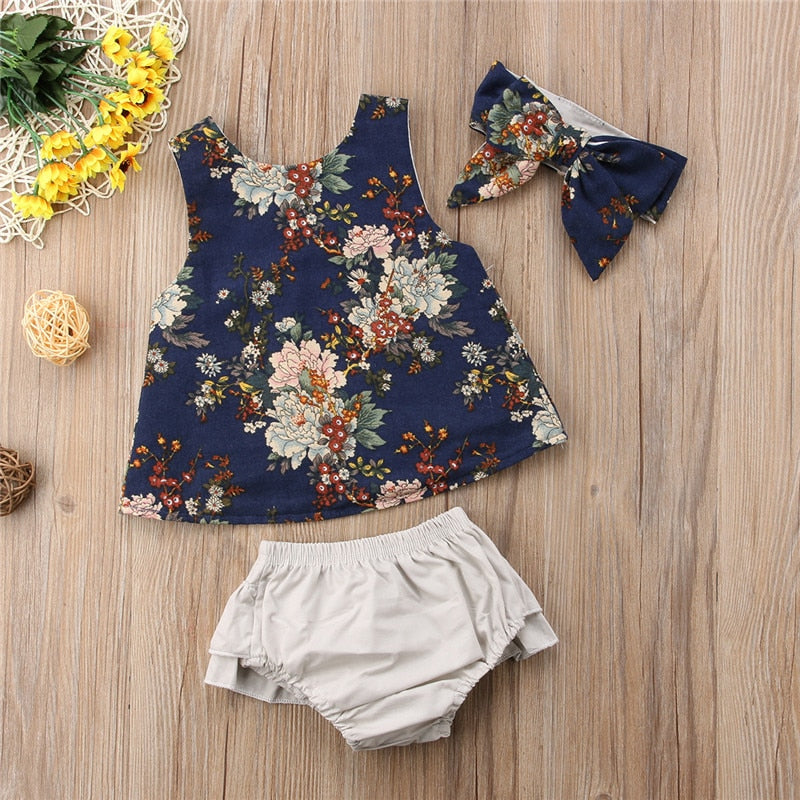 Newborn Baby Girl Irregular Vest Tops+PP Shorts Pants Floral +hendband 3Pcs Outfits - ebowsos