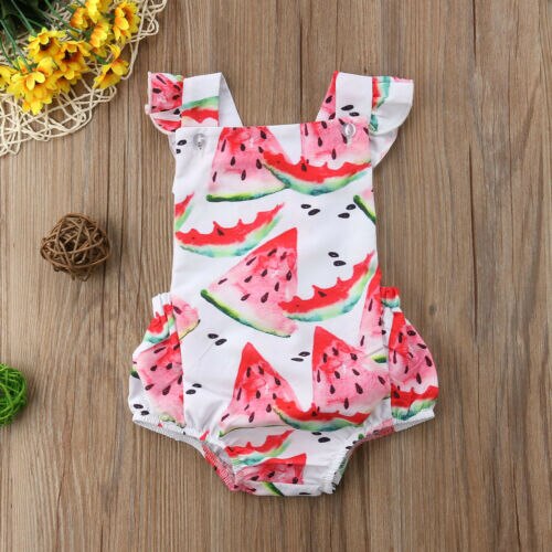 Newborn Baby Girl Kids Watermelon Backless Romper Jumpsuit Flying Sleeves Baby Clothes - ebowsos