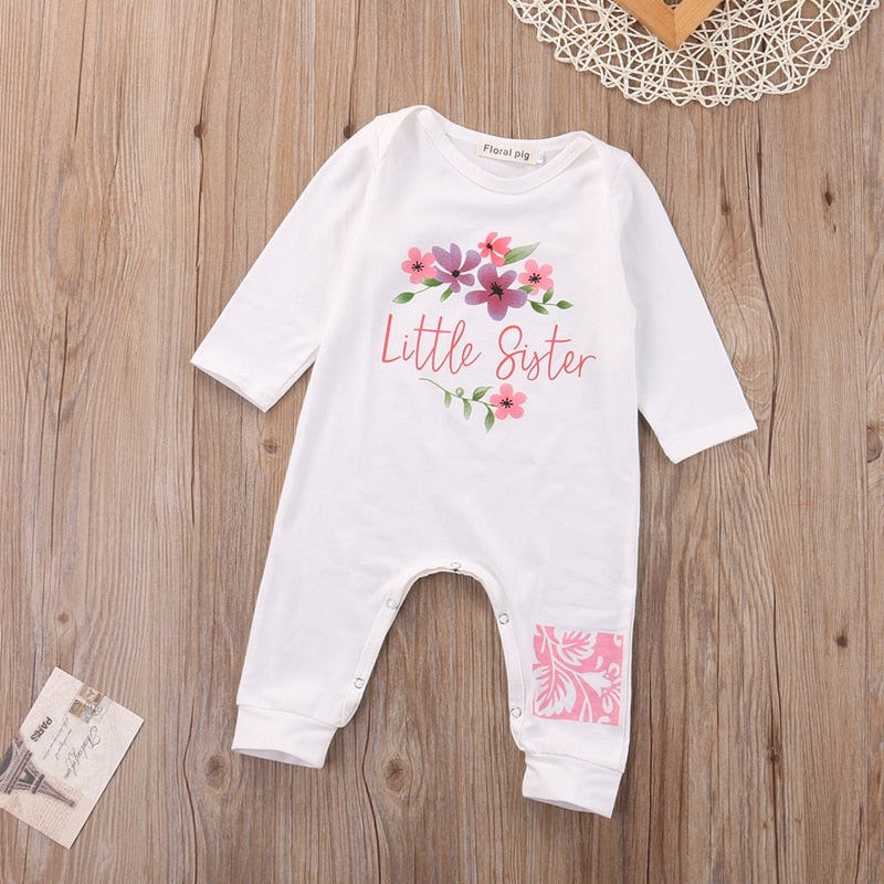 Newborn Baby Girl Little Sister Romper Floral Girls Letter Jumpsuit Long Sleeve Cotton Playsuit Outfit Clothes - ebowsos