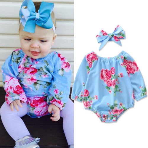 Newborn Baby Girl Long Sleeve Floral Romper Long Sleeve Playsuit Headband Outfit - ebowsos