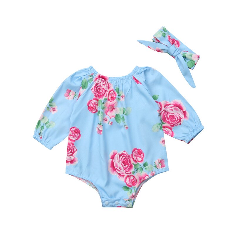 Newborn Baby Girl Long Sleeve Floral Romper Long Sleeve Playsuit Headband Outfit - ebowsos