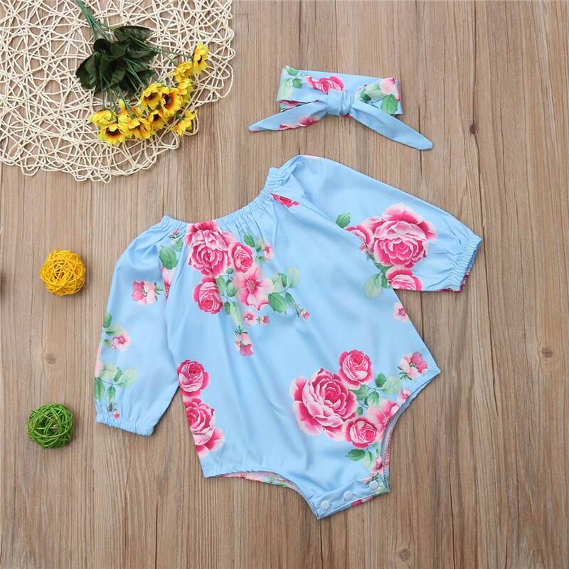 Newborn Baby Girl Long Sleeve Floral Romper Long Sleeve Playsuit Headband Outfit - ebowsos