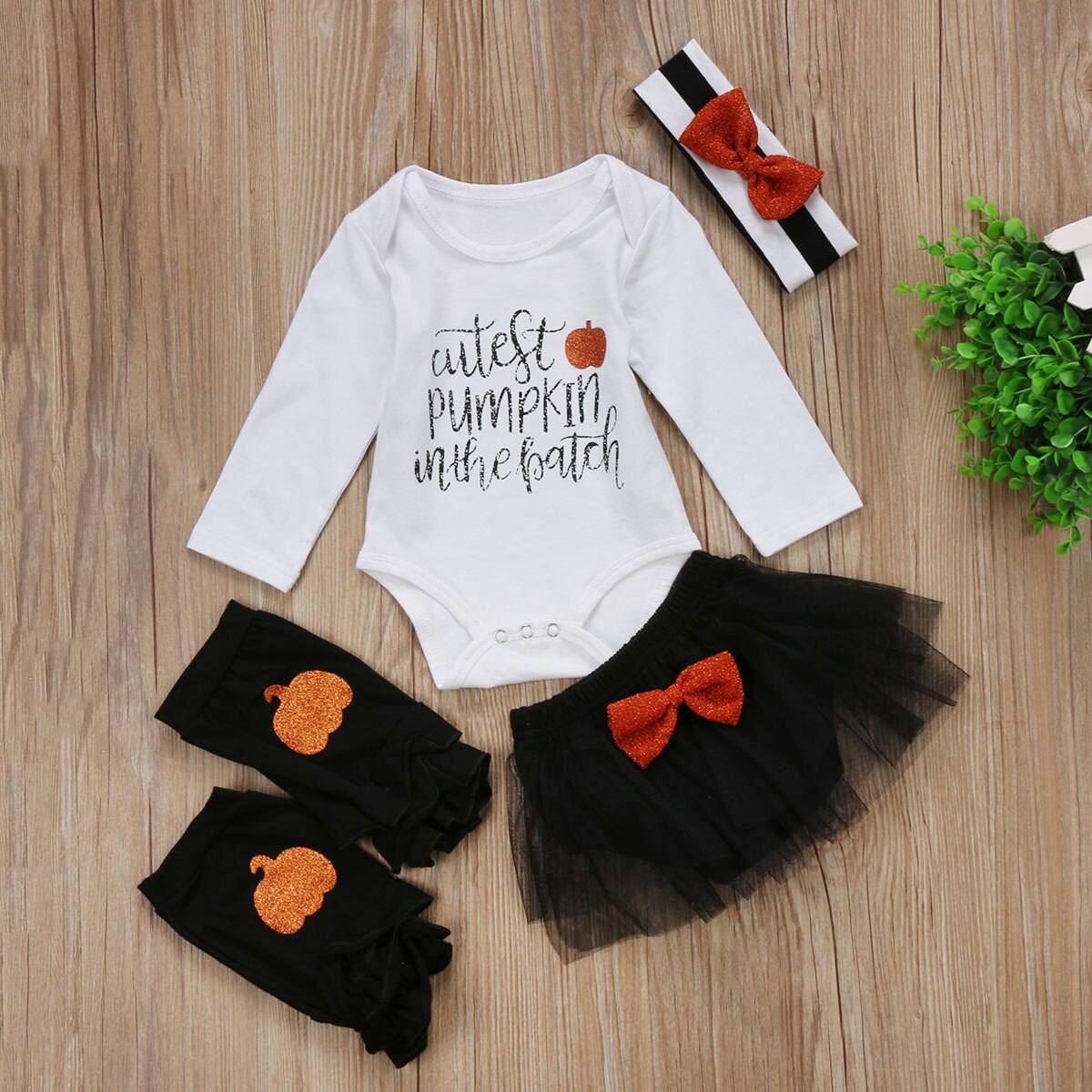 Newborn Baby Girl Long Sleeve Pumpkin Romper+Tutu+Leg Warmer 4Pcs Outfit Clothes set - ebowsos